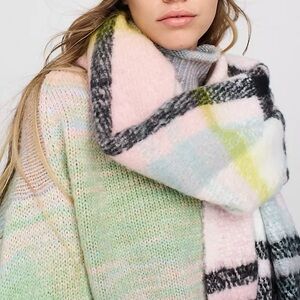 Anthropologie Delaney Plaid Fringe Scarf in Pink Blue Yellow